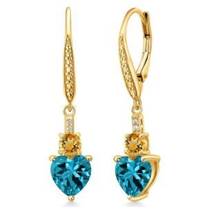 18K Yellow Gold with 3.74 Cttw London Blue Topaz and Citrine Heart Drop Earrings